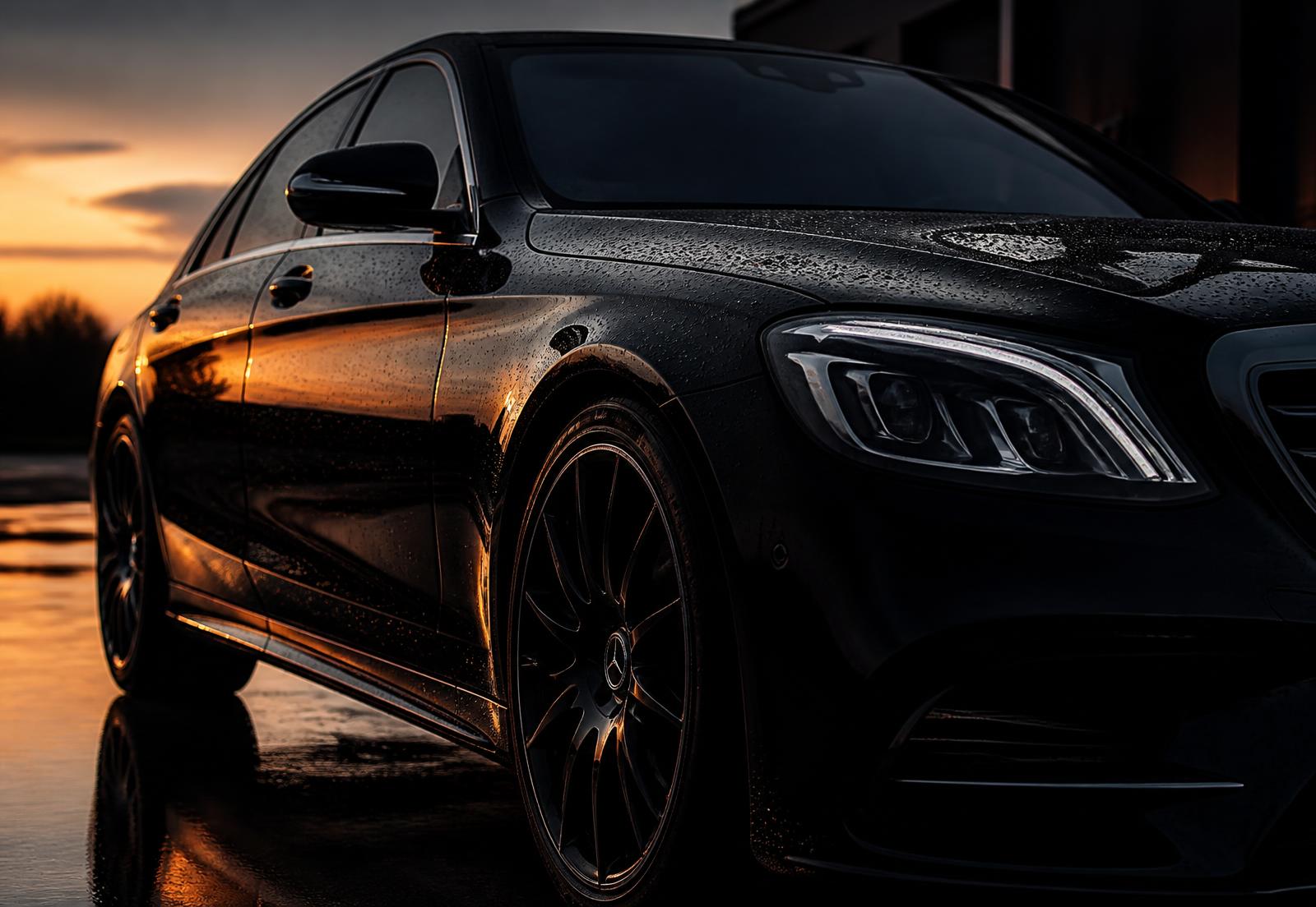 Freshly detailed glossy black luxury car at sunset